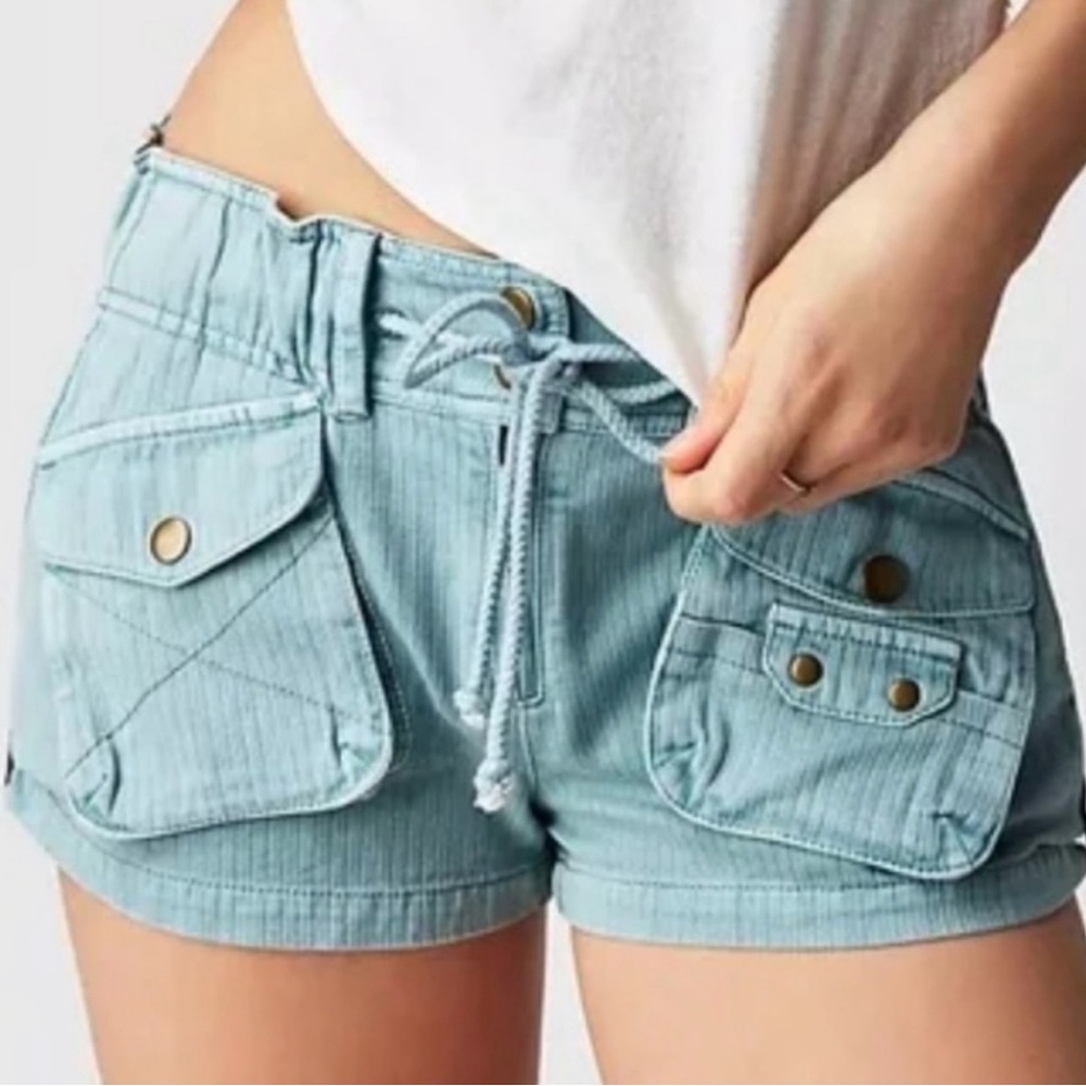 Free People Waimea Slouchy Solid Shorts Cargo Drawstring Utility Blue Large (xs)